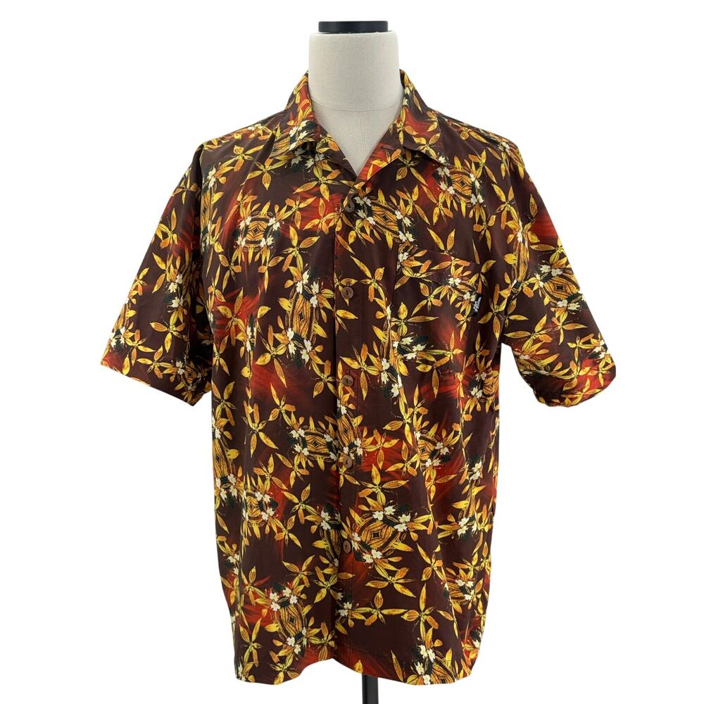 Vintage 90s No Fear Hawaiian Shirt Mens XL Brown Floral Nylon Camp Shirt